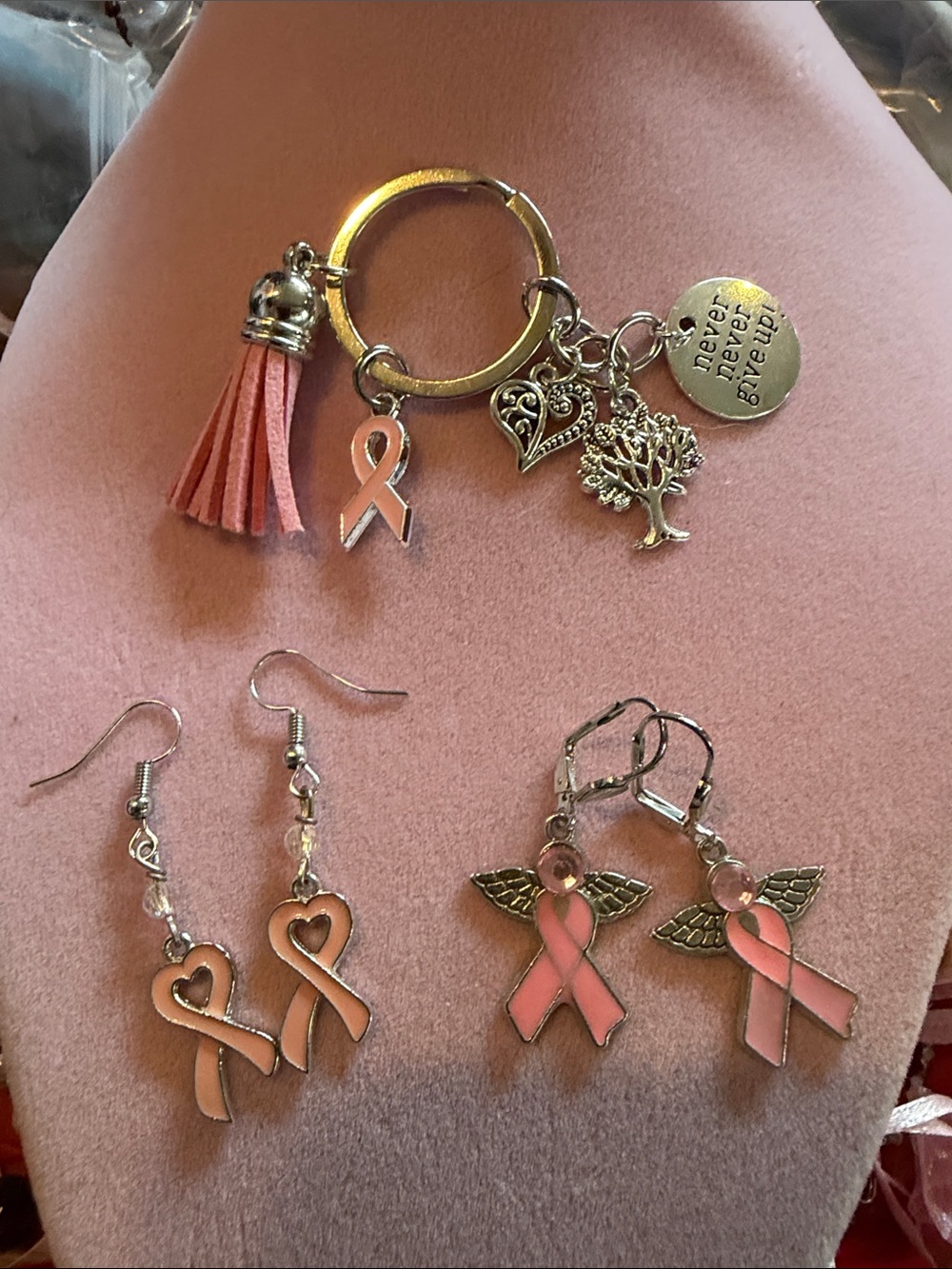 Pink Ribbon Awareness 2 Earrings Set, Keyring Bag Charm, (J0295)